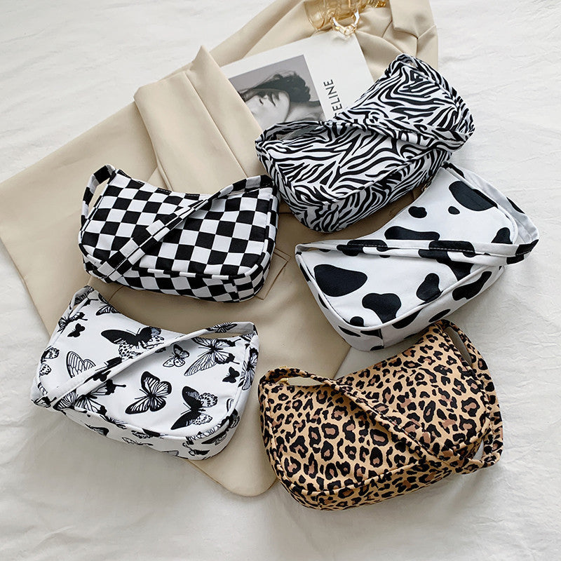 Sac à bandoulière en nylon pour femme, petit, imprimé papillon, vache ou léopard, format 23x13x7.5cm