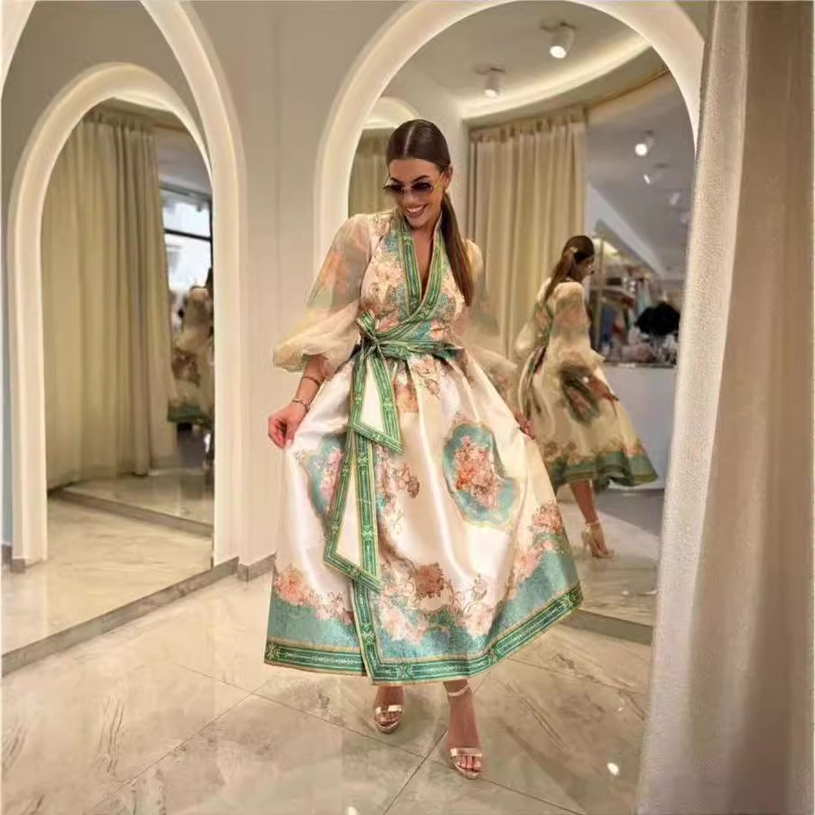 Women's Waist-Controlled Stylish Dress with Lantern Sleeves in Pink, Blue, Green S-XL