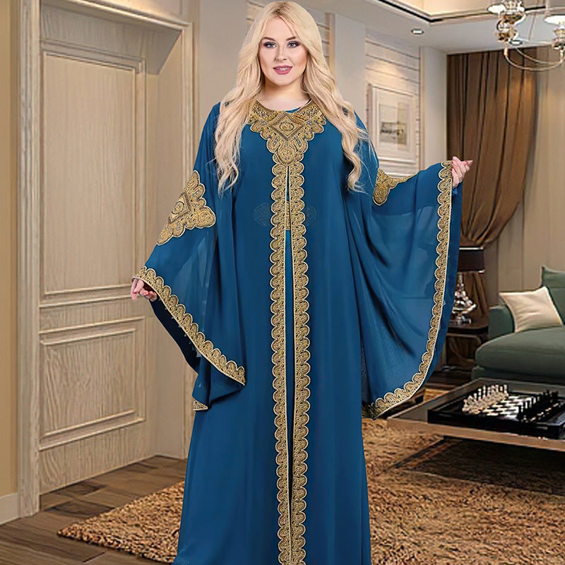 Bell Sleeve Embroidered Gold Lace Arabian Gulf Dress