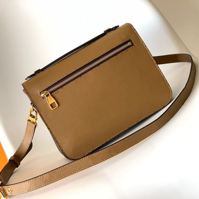 Women's Color Matching Genuine Leather L Square Messenger Shoulder Bag 25x19x7cm