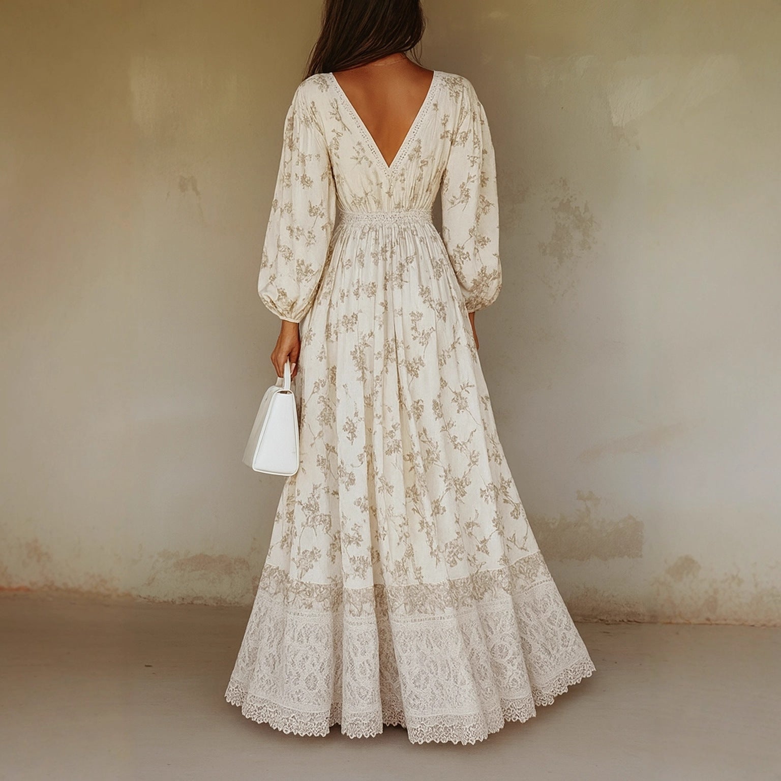 Robe longue à imprimé et dentelle de style occidental, manches longues pour l'automne-hiver