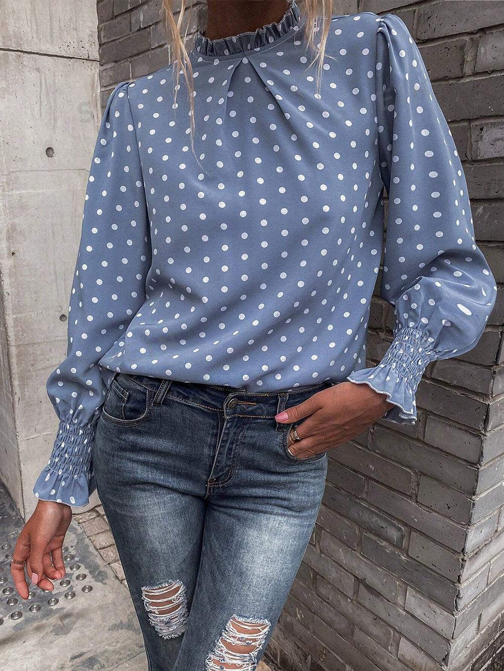 Polka Dot Puff Sleeve Elegant Women's Shirt