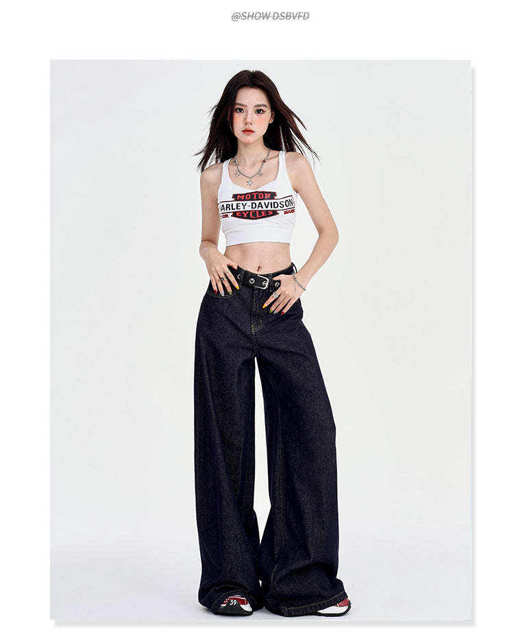 Spring Draped High Waist Wide Leg Denim Jeans for Women