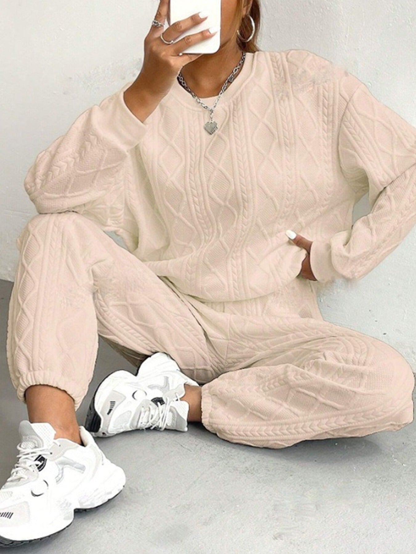 Jacquard Long Sleeve Casual Round Neck Sweater Trousers Suit