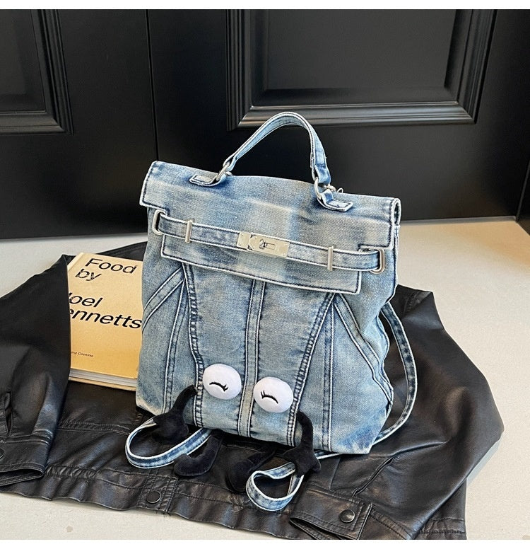 Retro Washed Denim Backpack Design Sense