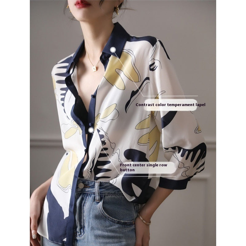 Artificial Silk Printed Shirt Women's Design Sense Niche Retro Style