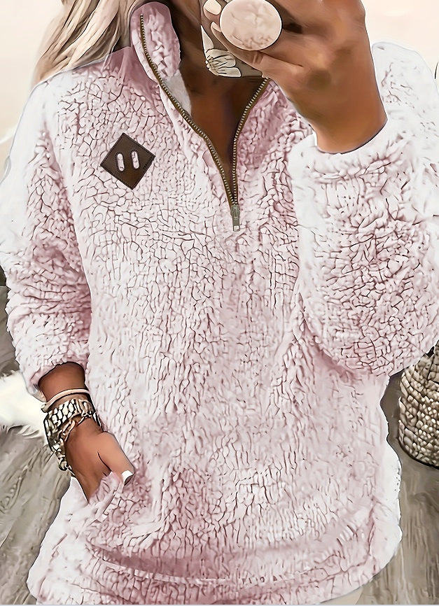 Haut pull en polaire à col montant et demi-fermeture éclair de couleur unie pour femme