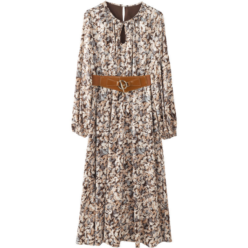 Fashion Round Neck Floral Waist Tie Dress