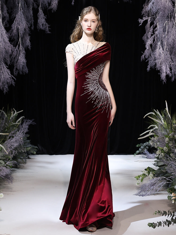 Women's Wine Red Mermaid Evening Dress with U-Neck