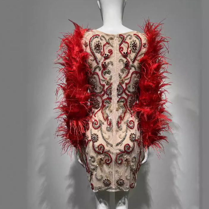Red Feather Mesh Rhinestone Dress with Long Sleeves for Women