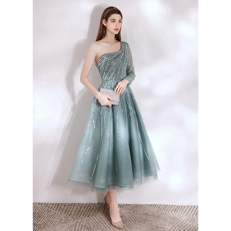Champagne Long Sleeve U-Neck Luxury Beaded Ladies Dress