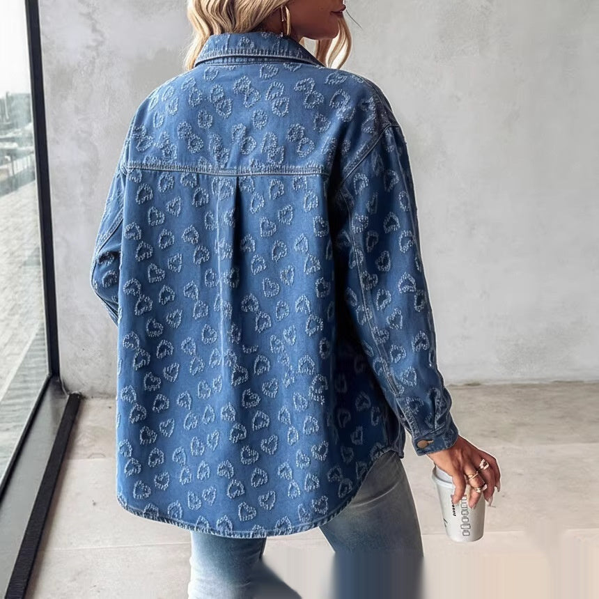 Veste en jean jacquard bleu cœur rétro femme, imprimé intégral
