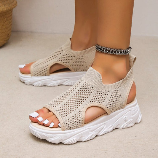 Summer Sandalas Elastic Slip-on Peep Toe Wedge Fly Woven Mesh Casual Shoes