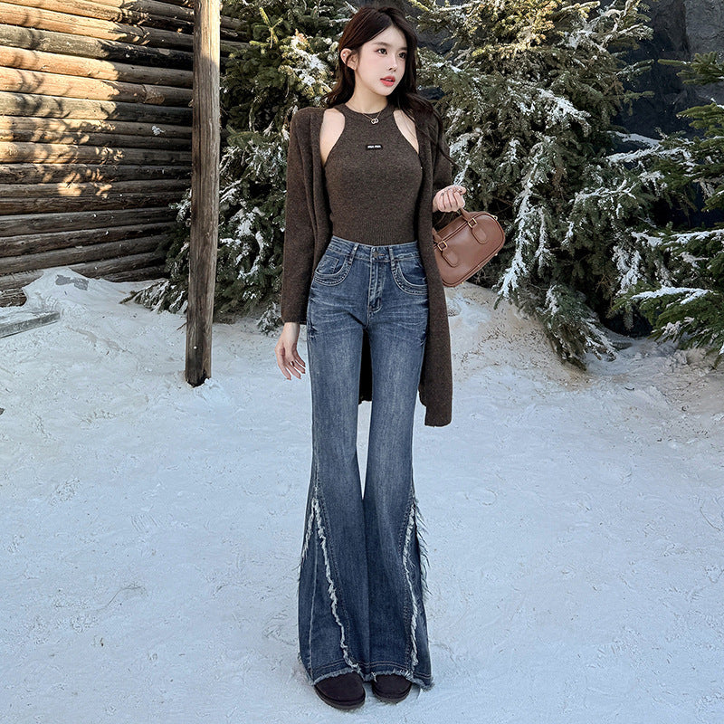 Fringed High Waist Skinny Jeans for Women Spring Retro Denim