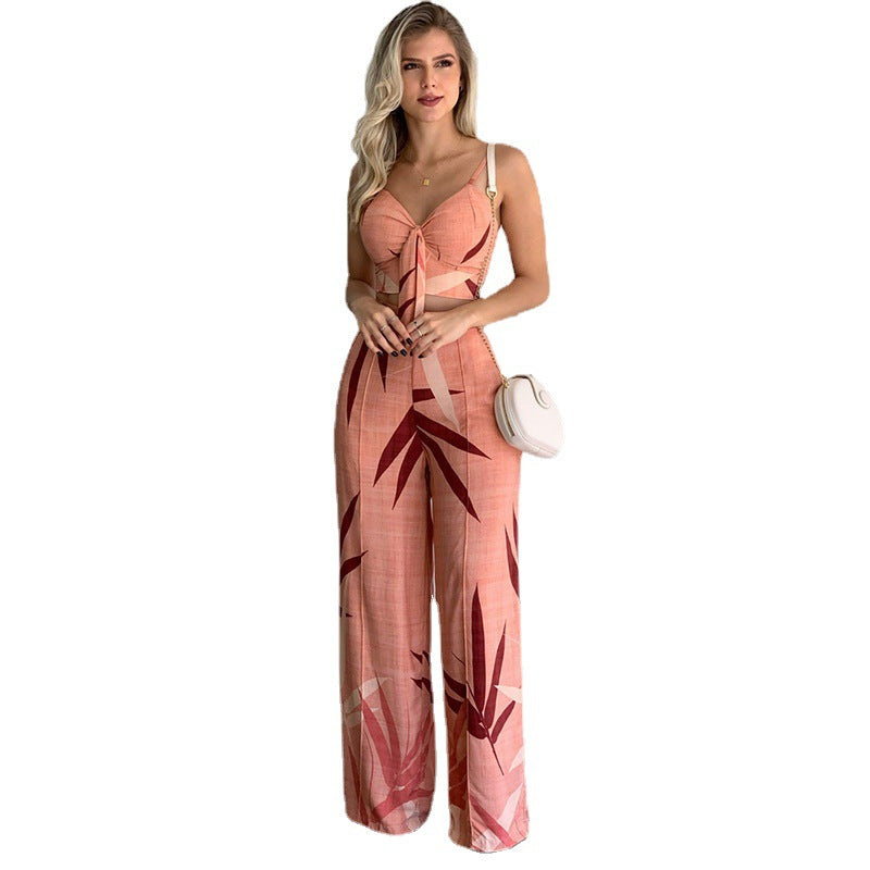 Linen V-Neck Short Vest & High Waist Wide Leg Pants Two-Piece Set