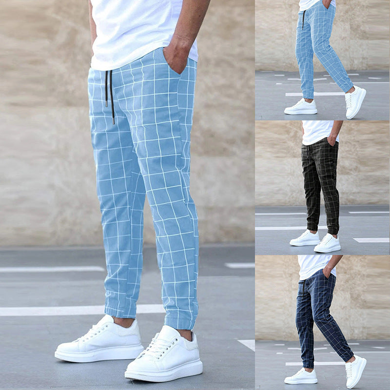 Pantalon décontracté à carreaux pour homme avec cordon de serrage, taille mi-haute, coupe droite