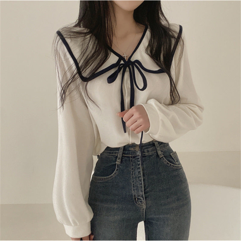 Loose Slimming Lace-Up Lapel Women's Shirt with Lantern Sleeves