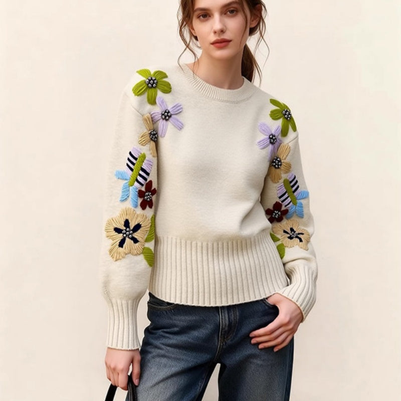 Vintage Loose Knit Sweater with Floral Embroidery - Off-White, Long Sleeve, Women’s S-XL