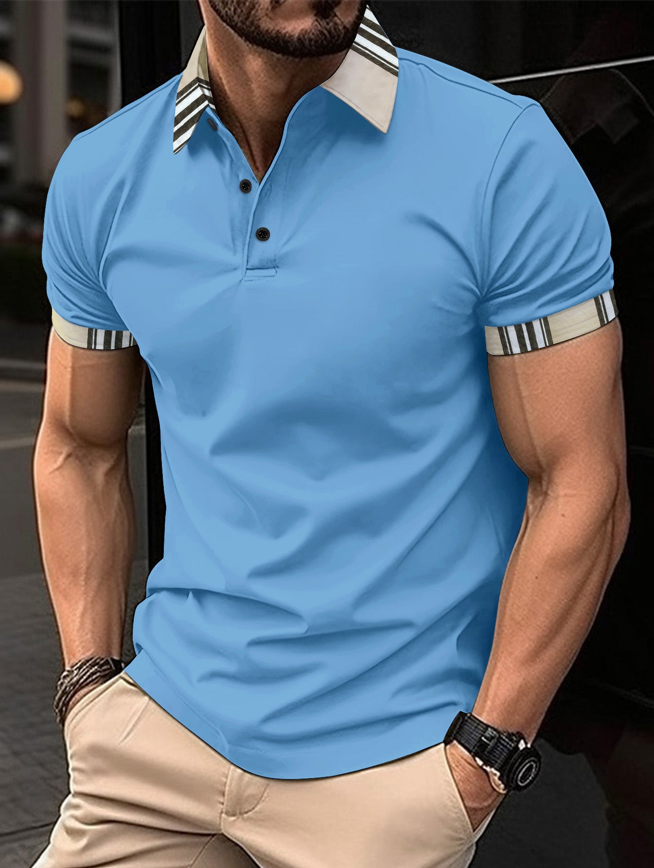 Men's Button Pocket Sports Polo Shirt Short Sleeve Polyester Fiber
