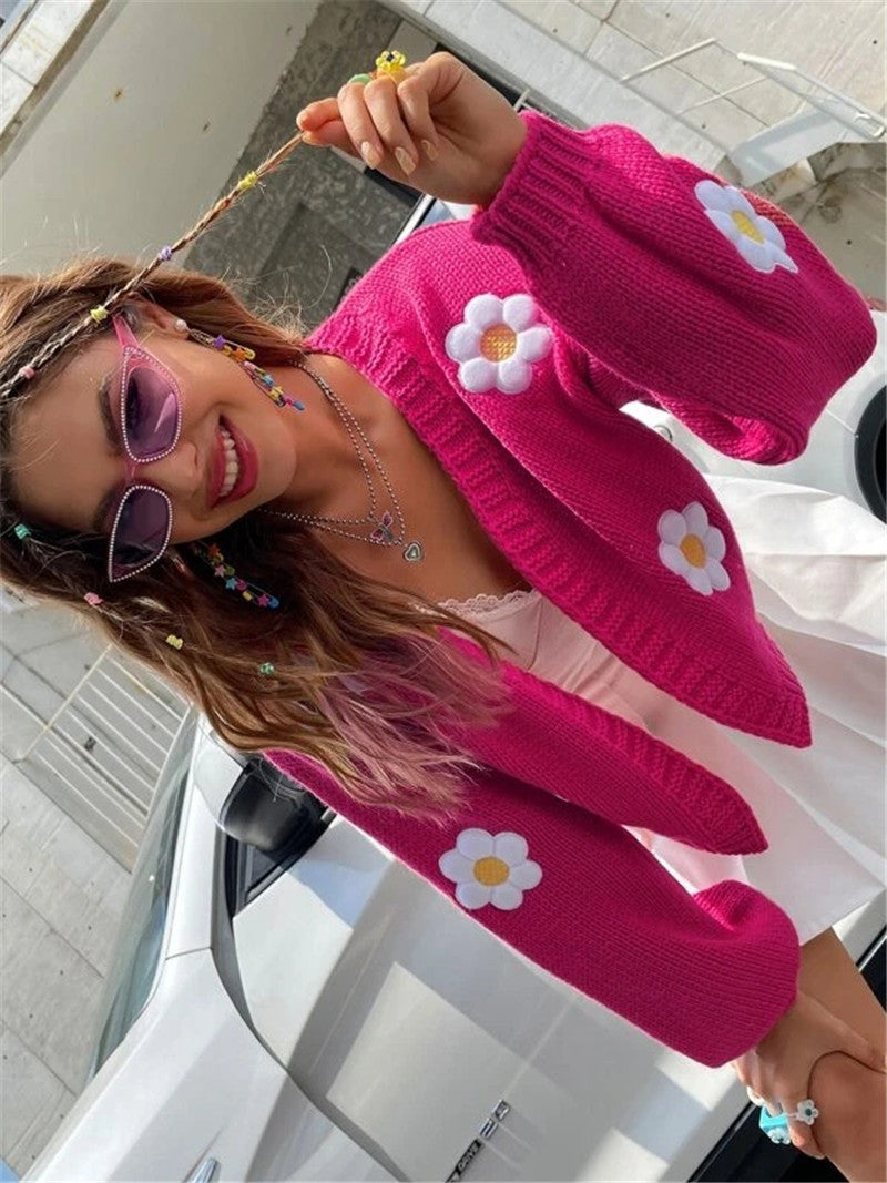 Gilet en maille à imprimé floral brodé et manches lanternes