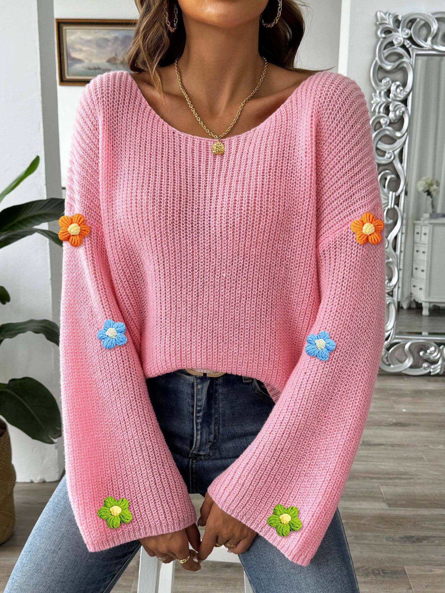 Womens Hand-Crocheted Floral Patchwork Flare-Sleeve Sweater