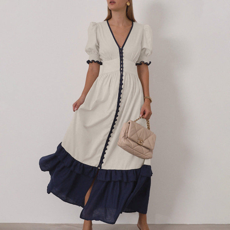 Robe-cardigan en lin abricot avec manches à volants contrastantes