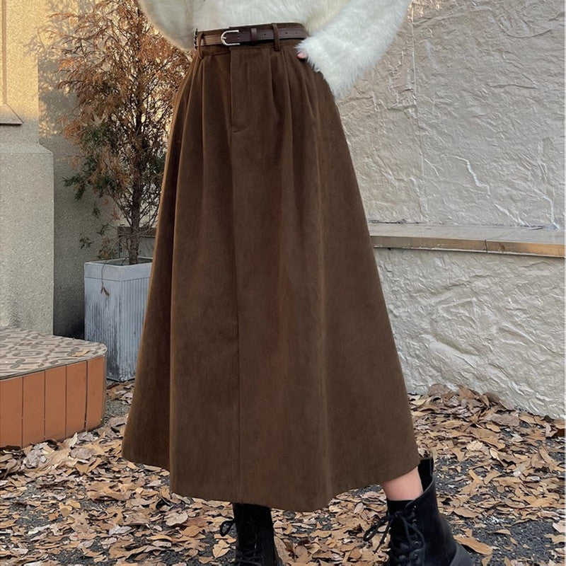 Women's Autumn Winter High Waist Slimming Retro A-Line Skirt with Big Hem
