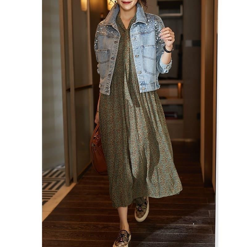 Women's Sequined Light Blue Denim Jacket Loose Fit Slim Cut