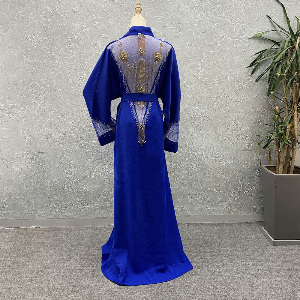 Cardigan Robe Mesh Stitching Rhinestone Loose Bat Sleeve for Middle Eastern Women XXL/3XL Black Blue Polyester