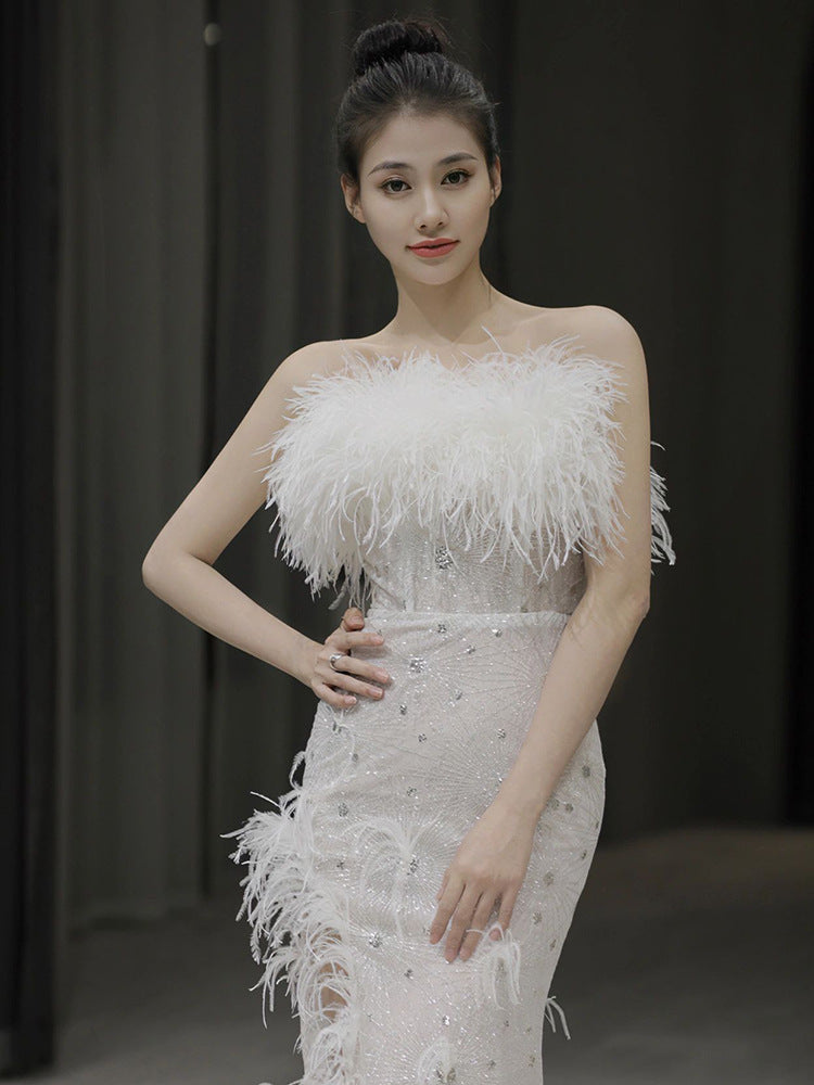 Women's Feather Sleeveless Party Sexy Dress