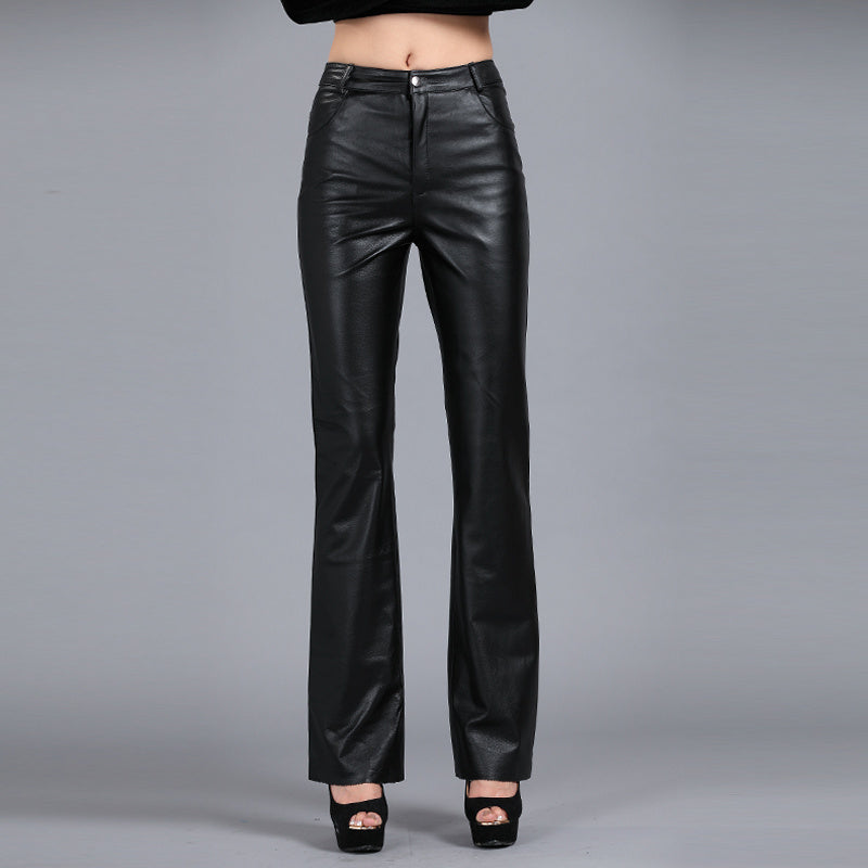 Women's Black Sheepskin Bootcut Leather Pants Natural Waist
