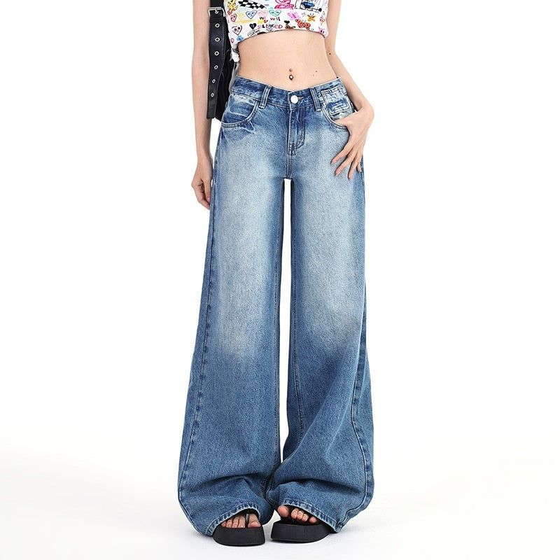 Jean large en jean taille haute style rétro américain pour femme, été