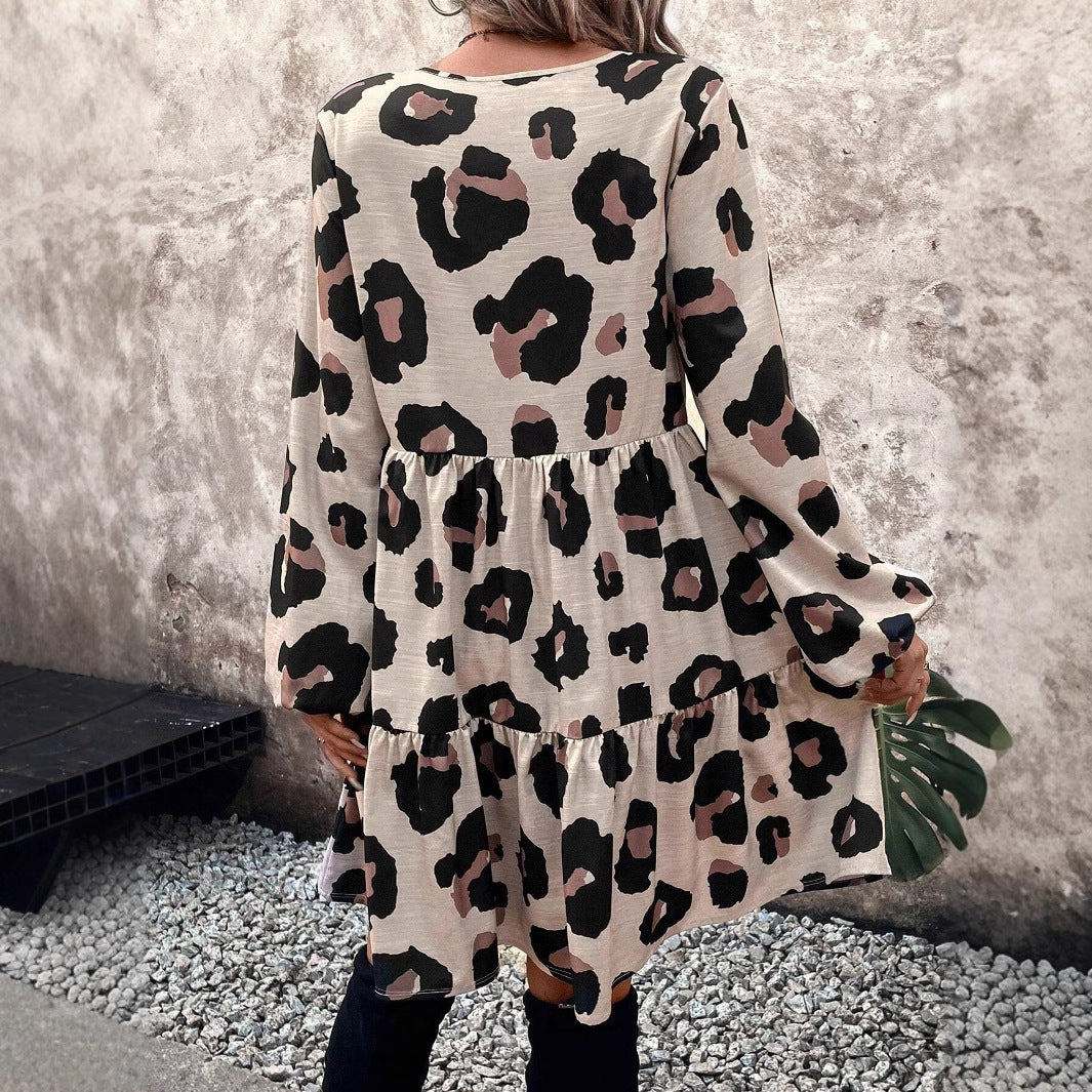 Leopard Print Long Sleeve Dress Women