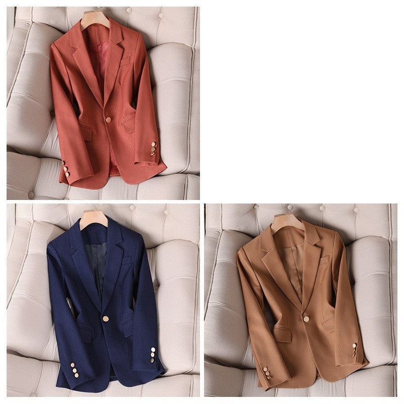 Slim Fit Women's Suits and Coats with Buttons in Caramel, Navy, and Khaki