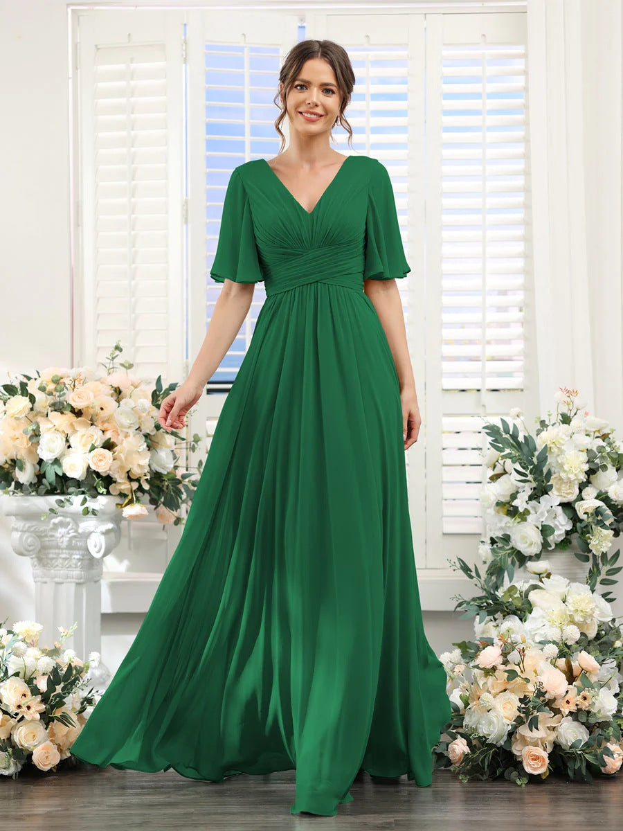 Robe de soirée longue en mousseline de soie à col en V et manches papillon