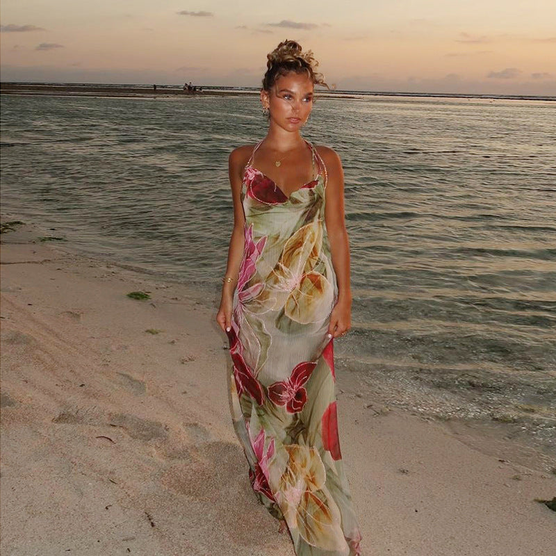 Colorful See-Through Print High Waist Holiday Dress Sleeveless