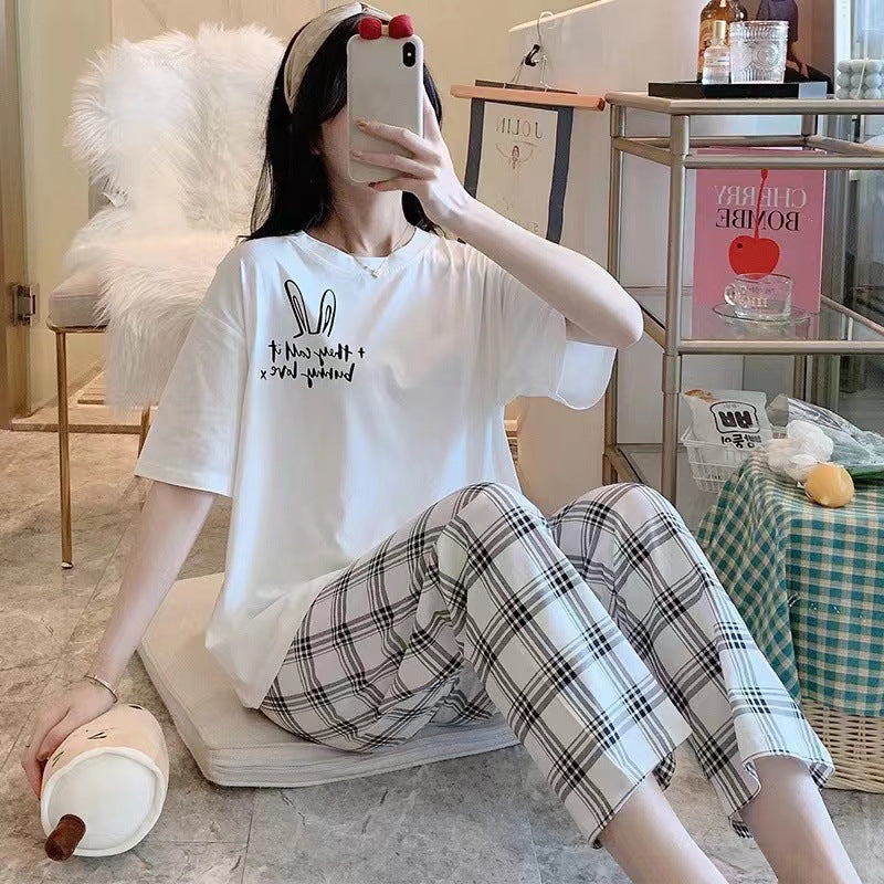Ensemble de pyjama d'été pour femme à manches courtes et motif dessin animé avec pantalon, Tailles M-XXL