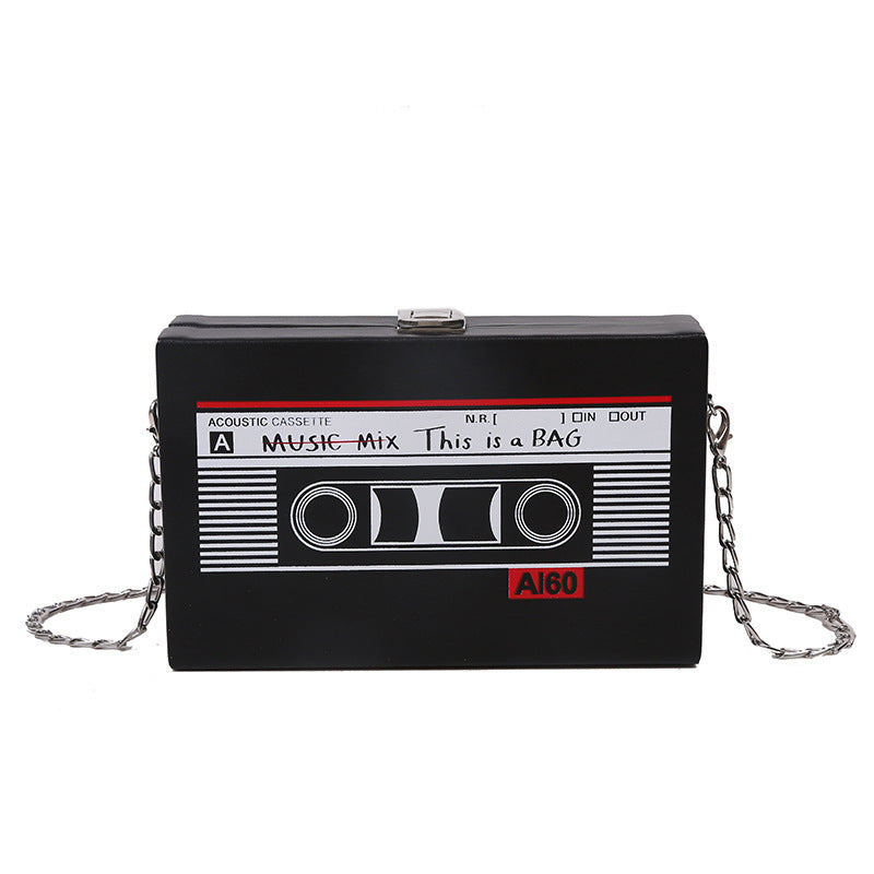 Women's PU Tape Chain Crossbody Box Bag – 19x5x12cm, White & Black