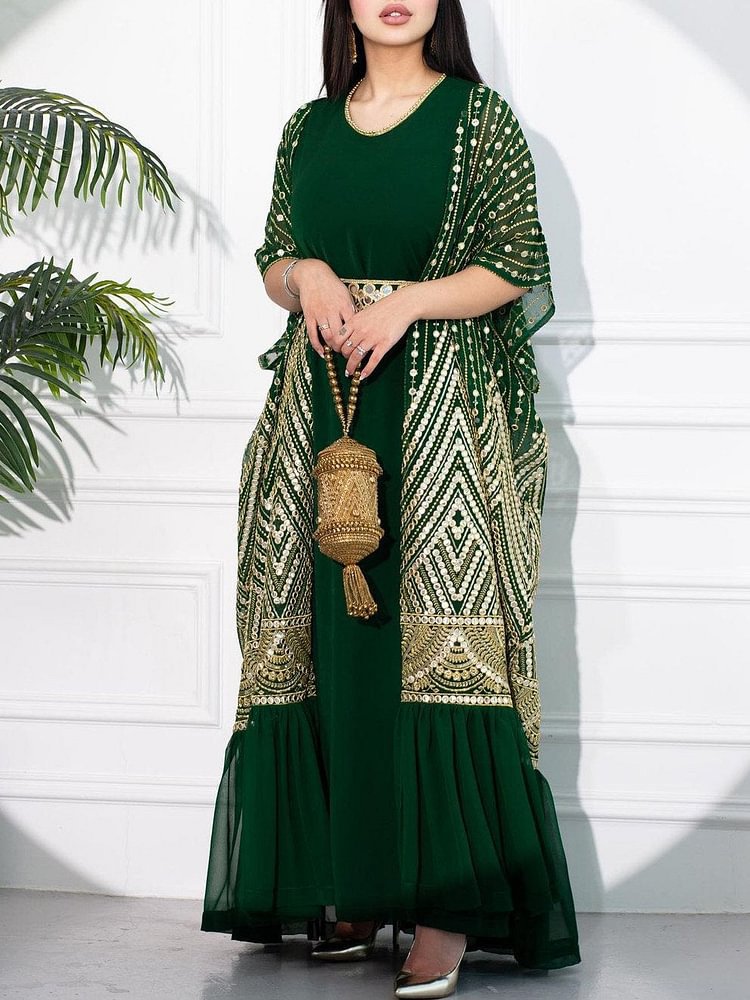 Printed Tape Belt Two-piece Abaya for Arabian Women