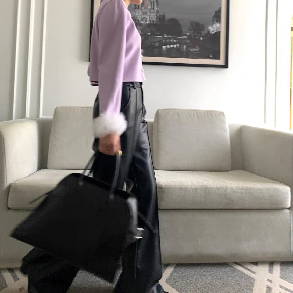 High Waist Wide Leg Casual Loose Leather Pants