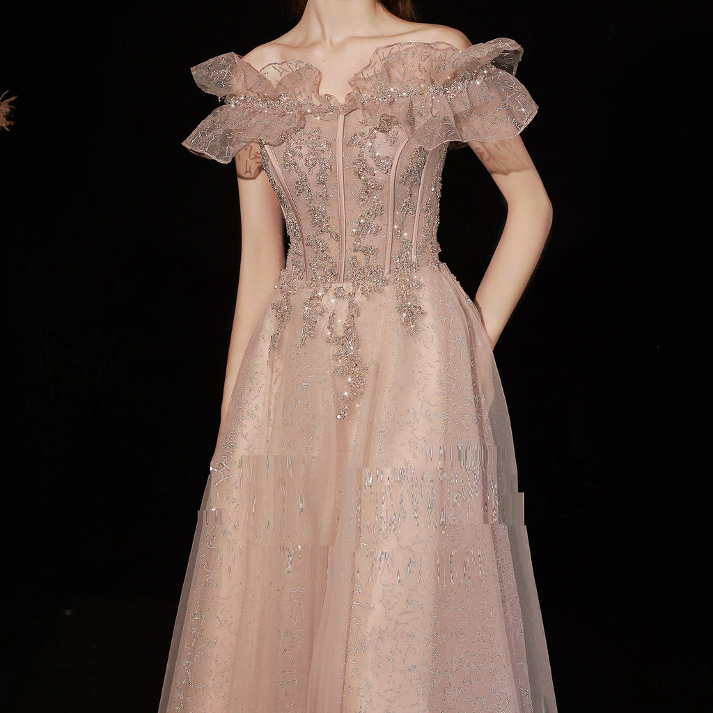 Women's Off Shoulder Pink Dinner Dress with Straps