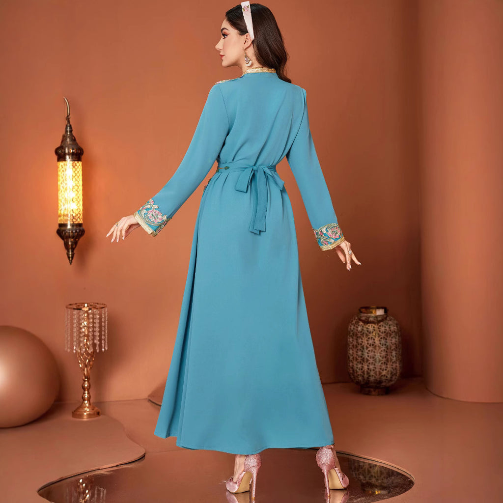 Peacock Blue Lace V-Neck Embroidered Two-Piece Style Belted Dress