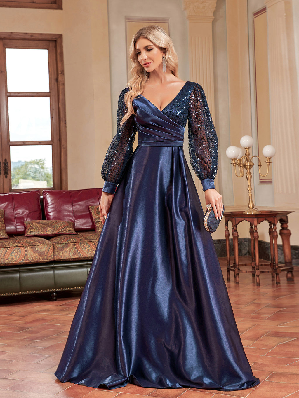 V-Neck Long-Sleeve Slim Fishtail Sequin Dress for Banquet