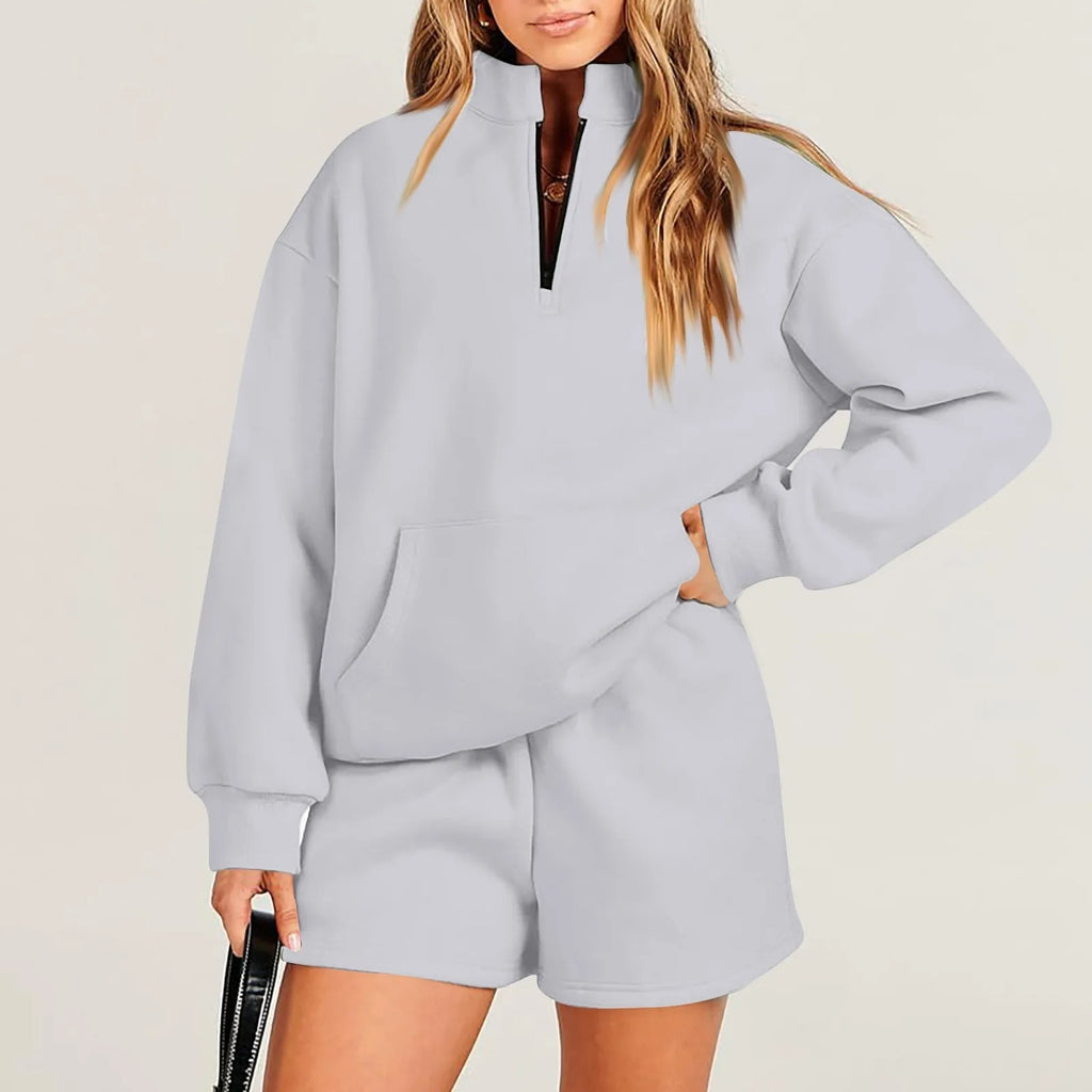 Women's Solid Color Stand Collar Half Zip Pullover & Shorts Set