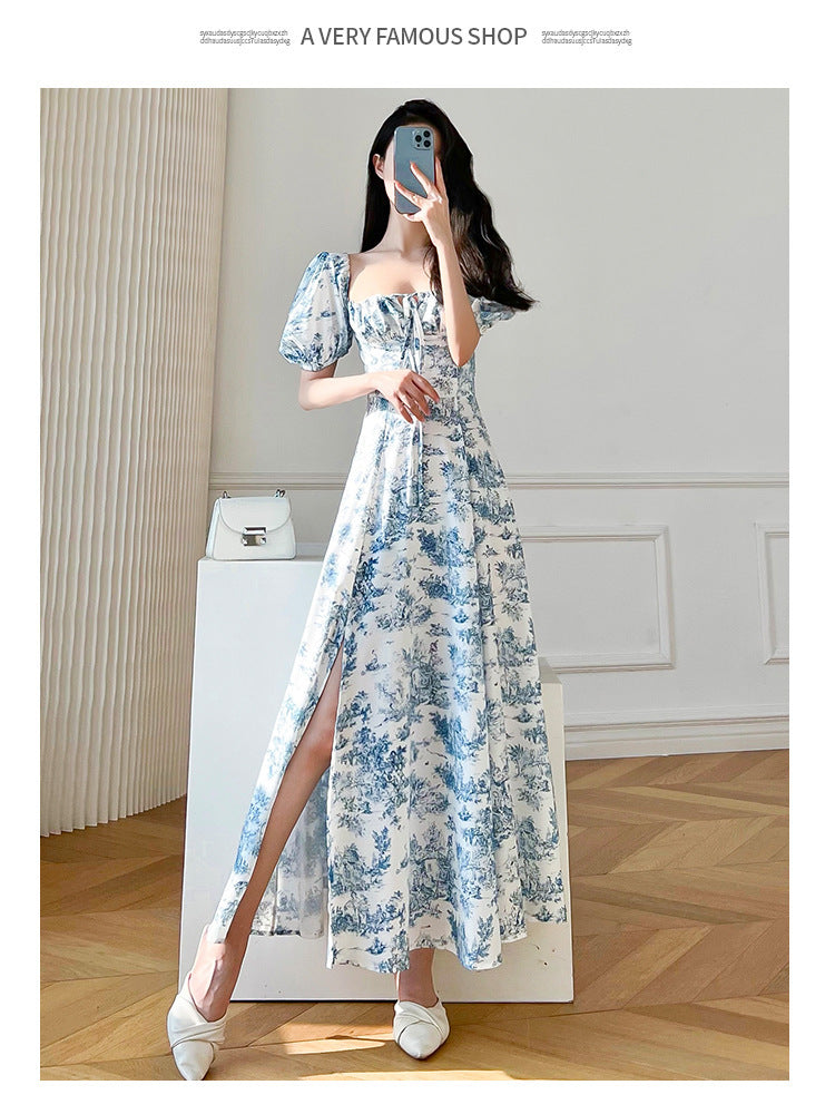 Vintage Floral Square Collar Puff Sleeve Dress in Sky Blue
