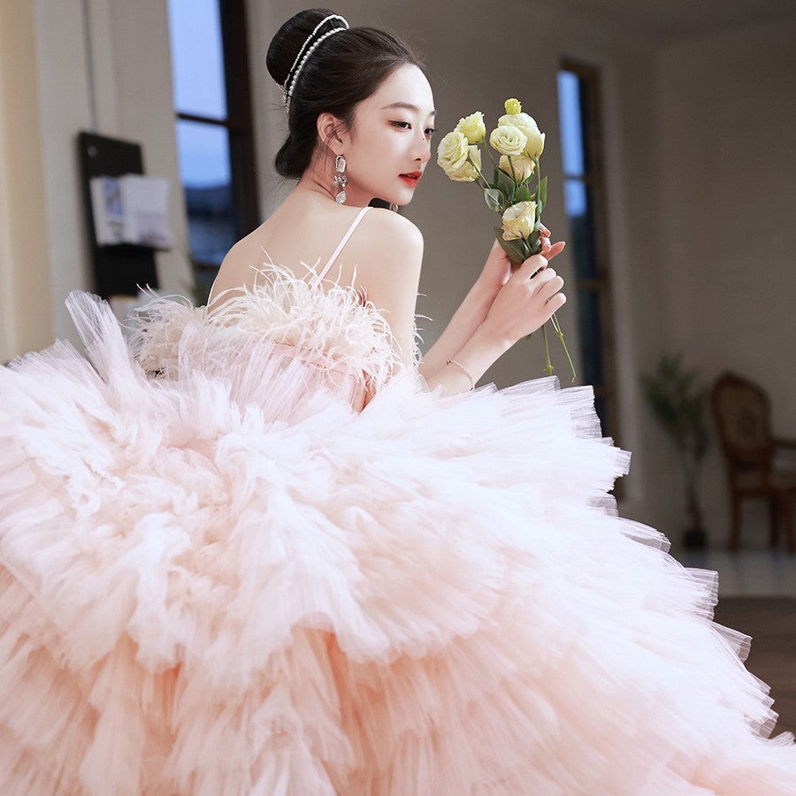 Pink Sling Light Princess Style Wedding Cake Dress Spandex Sleeveless