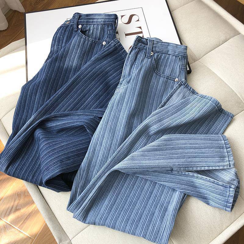 Women's Loose High Waist Straight Vertical Stripe Jeans