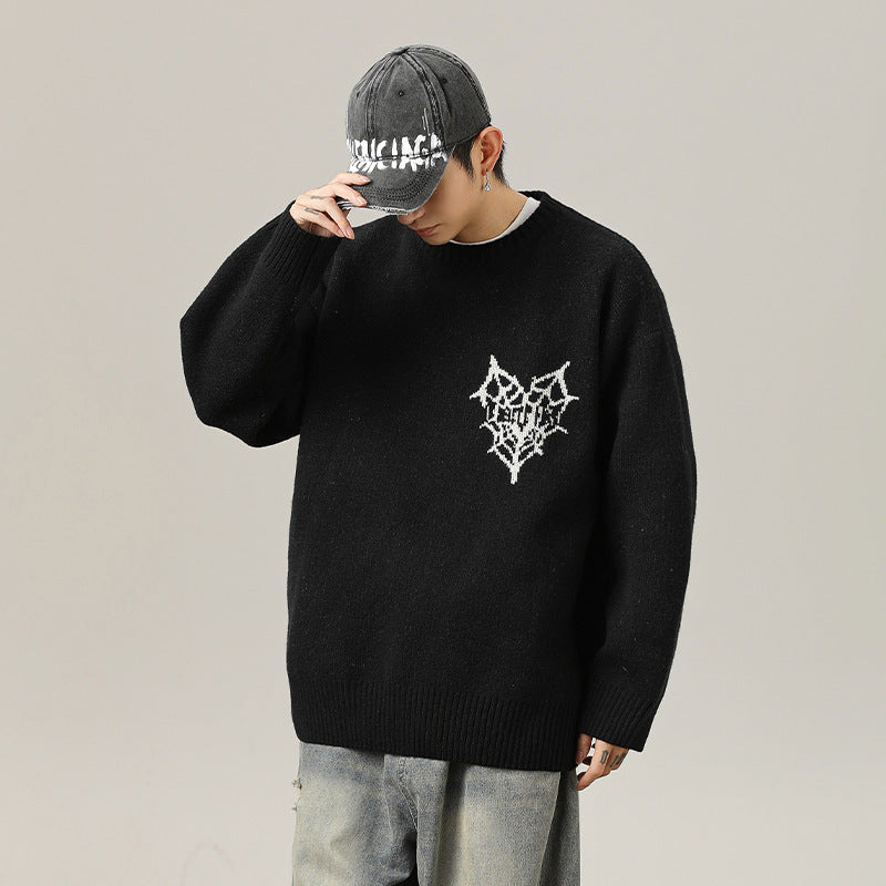 American Retro Hand-Painted Jacquard Round Neck Sweater in White & Black, Sizes M-XXL