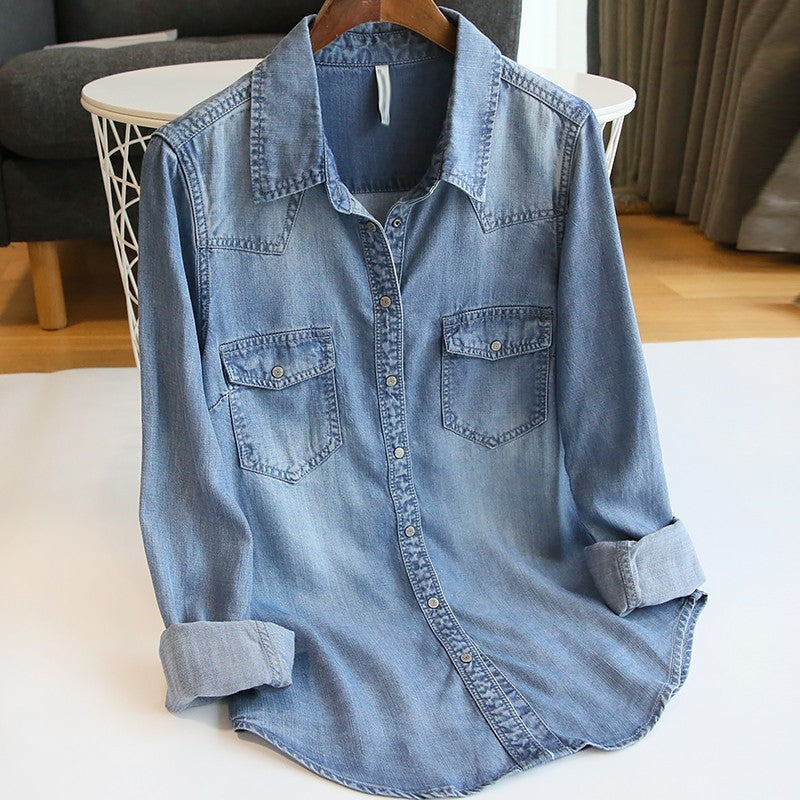 Tencel Denim Blue Women’s Long Sleeve Loose Shirt