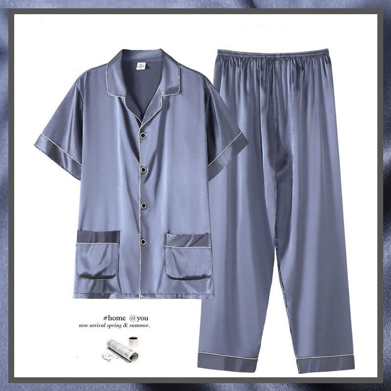 Men's Summer Thin Ice Silk Short Sleeve Homewear Suit with Trousers